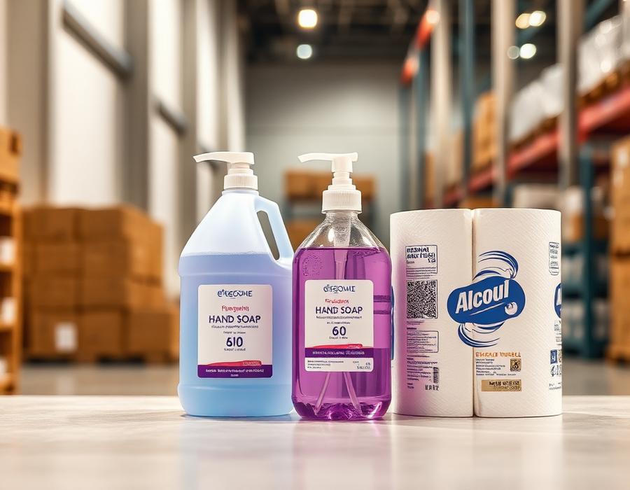 Sabonete líquido, álcool em gel e papel toalha para higiene de estabelecimentos