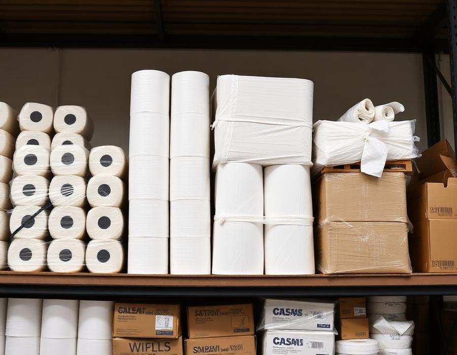 Fardos de papel higiênico e papel toalha em prateleira de distribuidora