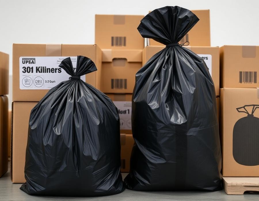 Sacos de lixo pretos e caixas de sacos em diversos tamanhos