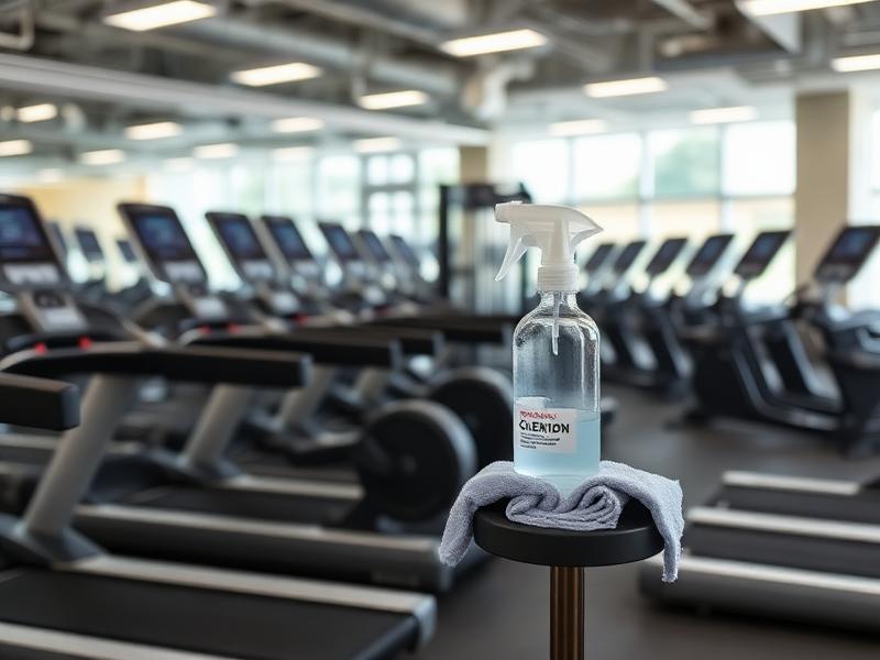 Academia com esteiras e produto de higienização de equipamentos