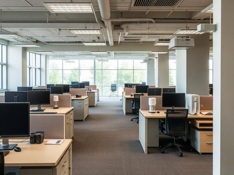 Escritório organizado com estações de trabalho e copa