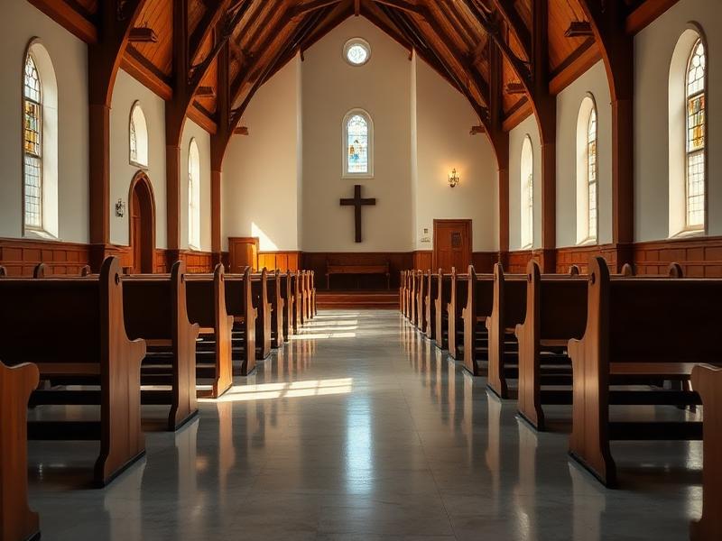 Interior de igreja com piso limpo e bancos de madeira