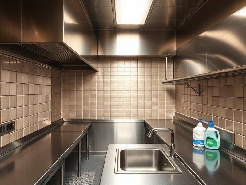 Cozinha industrial de restaurante com detergente e sanitizante na pia